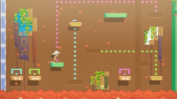Nivel de videojuego en pixel art con un personaje con sombrero sobre una plataforma, bloques con símbolos brillantes y flores