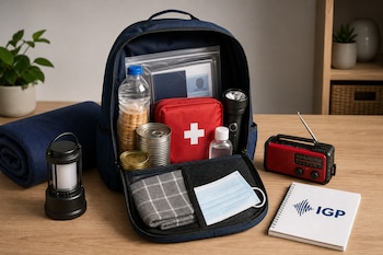 Una mochila azul abierta sobre una mesa con un botiquín rojo, linterna, agua, comida enlatada, radio y una libreta con el logo del IGP.