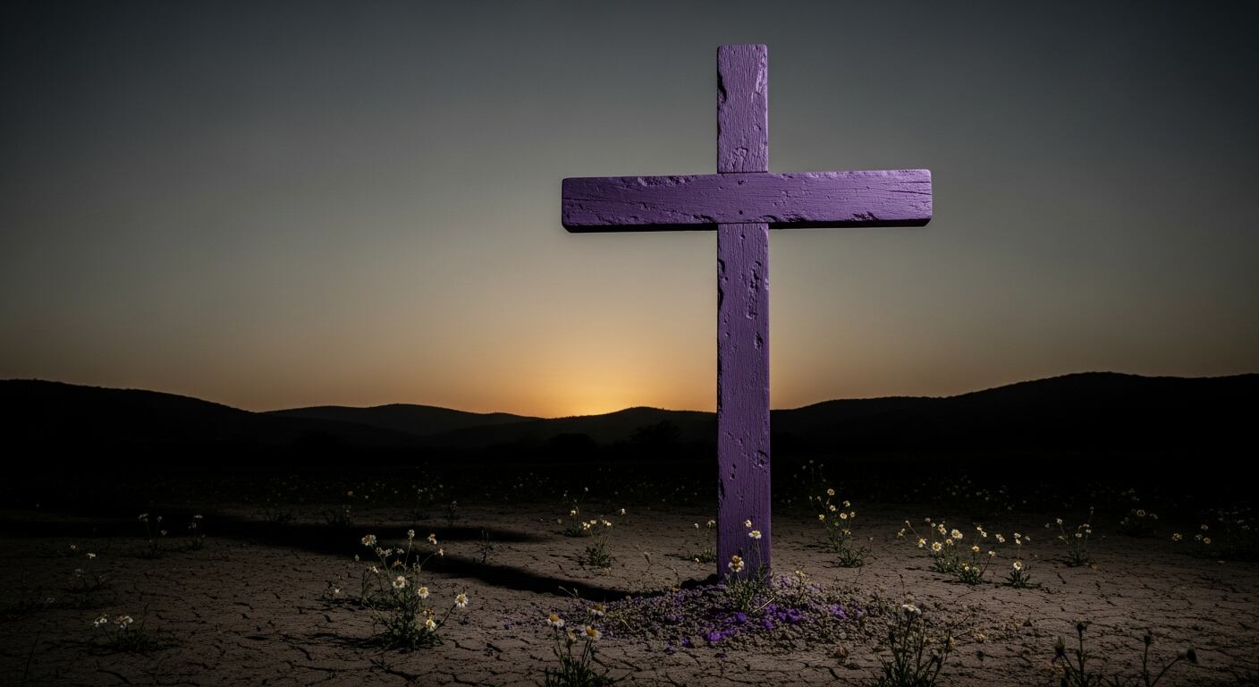 Una cruz de madera morada se erige en un paisaje árido al atardecer, representando la memoria y la lucha contra el feminicidio en Sinaloa, México. (Imagen Ilustrativa Infobae)