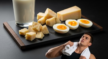 Un atleta con toalla al cuello mira hacia arriba. En primer plano, una tabla oscura con trozos de parmesano, huevos cocidos partidos y un vaso de leche.
