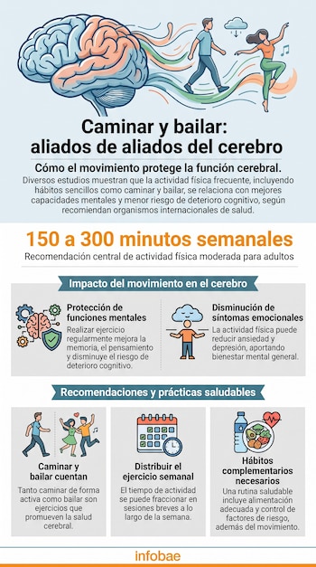 Infografía explicativa con la ilustración de un cerebro humano, figuras de personas en movimiento, iconos temáticos y el logotipo de Infobae.