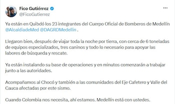 Alcalde de Medellín, Federico Gutiérrez, informó que el equipo de rescatistas que envió a Quibdó, ya llego a territorio para colaborar con las labores de búsqueda y rescate - crédito @FicoGutierrez/X