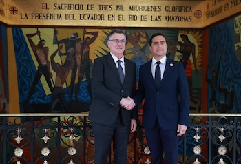 Los cancilleres de Israel y Ecuador, Gideon Sa’ar y Roberto Kury. ( Isaac Castillo/Presidencia de la República).