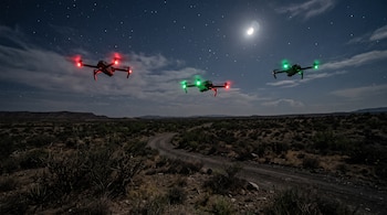 Tres drones con luces rojas y verdes vuelan de noche sobre un camino de tierra y vegetación en un paisaje desértico con luna.