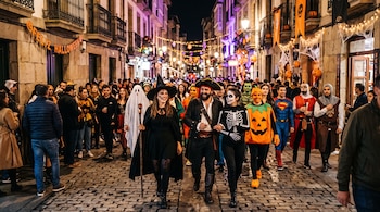 Personas con disfraces variados caminan de noche por una calle empedrada con adornos y pancartas que dicen Feliz Halloween.