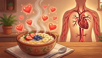 Un tazón de cereal humeante con fresas, arándanos y plátano en una mesa de madera, con corazones flotantes y un diagrama del sistema circulatorio humano