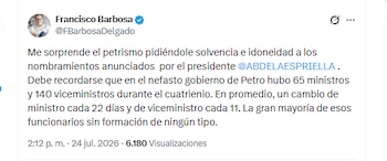 El exfiscal Francisco Barbosa criticó al petrismo por cuestionar las designaciones de Abelardo de la Espriella - crédito @FBarbosaDelgado/X