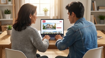 Una mujer y un joven adultos mexicanos sentados de espaldas en un escritorio de madera, viendo un catálogo de bienes raíces con casas modernas en una laptop.