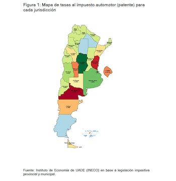 Mapa de Argentina mostrando las tasas del impuesto automotor (patente) por provincia en diferentes colores, con porcentajes numéricos y nombres de jurisdicciones