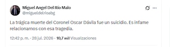 El abogado Miguel Ángel del Río Malo rechazó señalamientos sobre la muerte del coronel Óscar Dávila. Aseguró que fue un suicidio - crédito @migueldelrioabg/X
