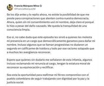 La vicepresidenta Francia Márquez negó