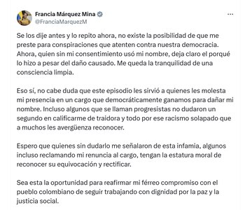 La vicepresidenta Francia Márquez negó