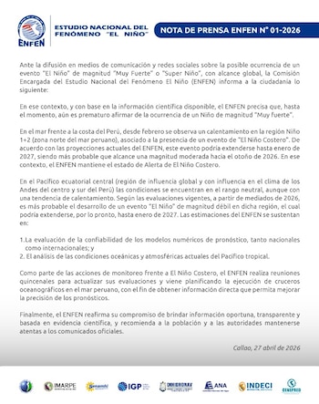La entidad advierte que cualquier información relevante será difundida por canales oficiales para mantener informada a la población y autoridades - Créditos: @enfenperu.