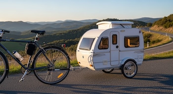 Bicicleta negra con botella de agua y bolsa, remolque blanco tipo mini caravana de dos ruedas, y carretera de asfalto con montañas verdes.