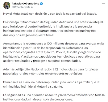 El pronunciamiento oficial de la Gobernadora del meta sobre los $100 millones de recompensa - crédito @RafaelaCortesZ/X