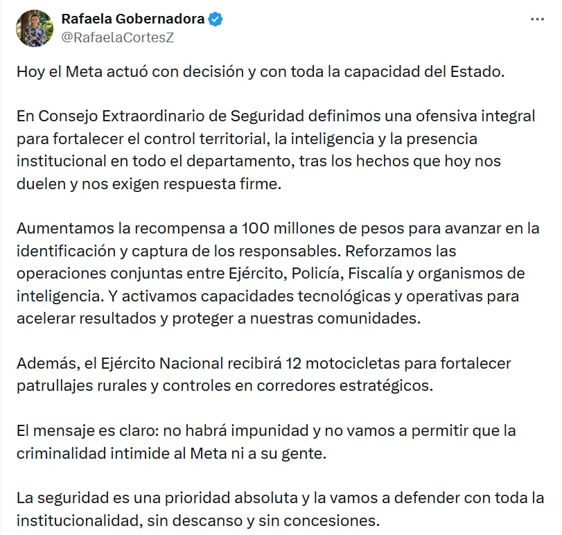 El pronunciamiento oficial de la Gobernadora del meta sobre los $100 millones de recompensa - crédito @RafaelaCortesZ/X