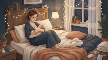 Ilustración de una mujer sentada en la cama con un bebé en brazos, rodeada de luces cálidas en una habitación acogedora.