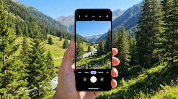 Mano sosteniendo un smartphone Android que muestra un paisaje de montaña con un río en su pantalla, con un fondo montañoso y boscoso.