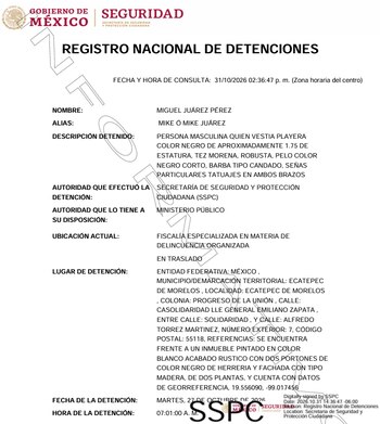 La captura fue realizada por elementos federales el pasado 27 de octubre. Crédito: SSPC