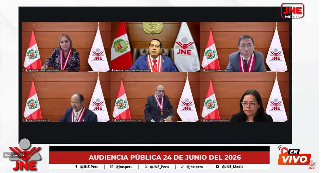 El Pleno del Jurado Nacional de Elecciones revisa en audiencia pública virtual recursos de apelación relacionados con las Elecciones Generales 2026. (JNE)