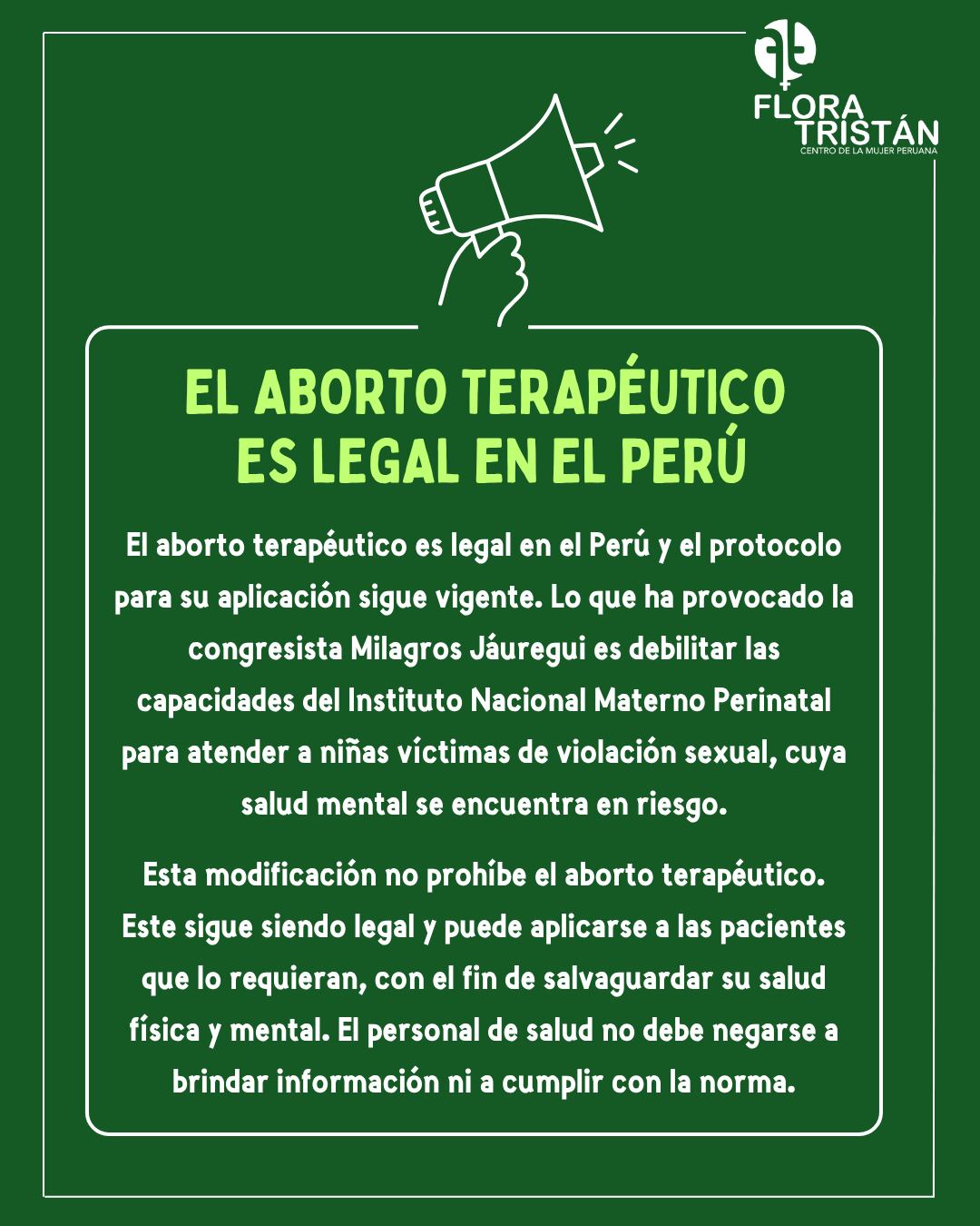 La institución feminista Flora Tristán alertó que la reciente modificación puede afectar su correcta aplicación médica. (Flora Tristán/X)