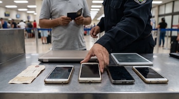 Cuatro teléfonos inteligentes, una computadora portátil y una tableta sobre una mesa metálica junto a la mano de un agente de aduana.