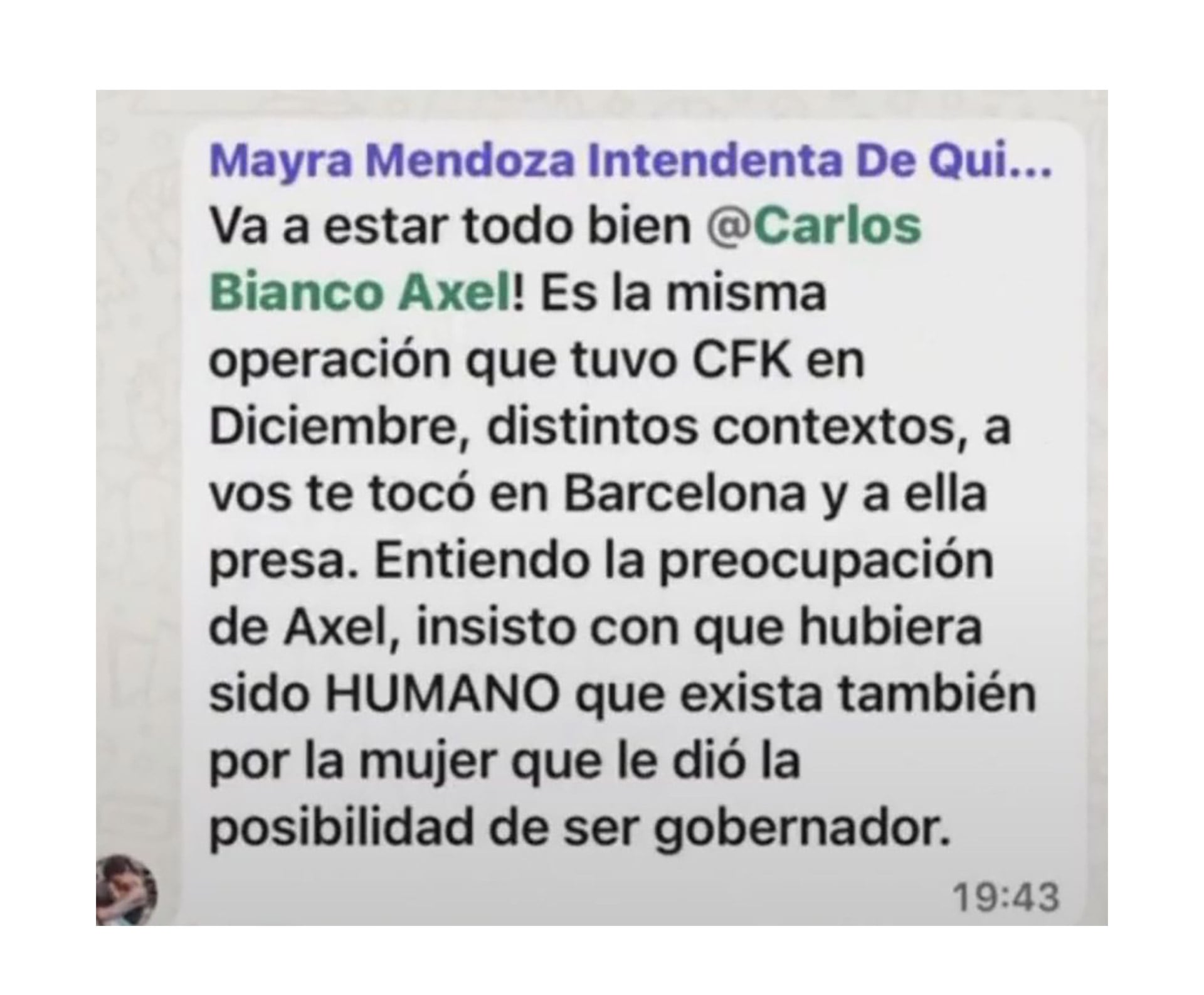 Captura del mensaje de Mayra Mendoza en el grupo de intendentes