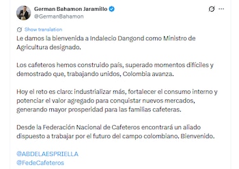 El presidente de la Federación Nacional de Cafeteros se unió al respaldo en favor del ministro de Agricultura designado - crédito @GermanBahamon/X
