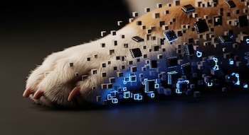Primer plano de una pata de perro con pelaje blanco y marrón, rodeada de cubos grises, chips electrónicos negros y elementos luminosos azules sobre fondo oscuro.