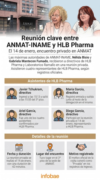 Infografía con ilustraciones de la sede de ANMAT, dos funcionarias, datos del encuentro del 14 de enero e iconos de cuatro asistentes.