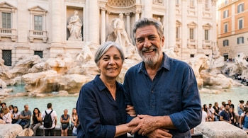Primer plano de pareja mayor sonriente frente a la Fontana di Trevi con estatuas barrocas y agua; otros turistas visibles al fondo
