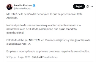 La congresista Jennifer Pedraza explicó por qué no estuvo presente en toda la posesión de Abelardo de la Espriella - crédito @JenniferPedraz/X