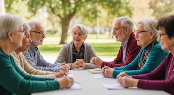 Seis adultos mayores, tres hombres y tres mujeres, sentados alrededor de una mesa blanca con papeles, en un entorno natural al aire libre.