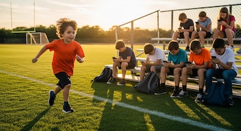 Niño corre en campo deportivo con césped verde. Varios niños sentados en gradas usan teléfonos móviles. Se ven arcos de fútbol y un atardecer.
