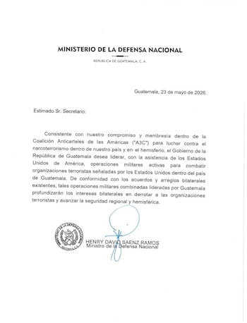 Documento oficial del Ministerio de la Defensa Nacional de Guatemala con texto impreso, la fecha "23 de mayo de 2026", un sello y una firma