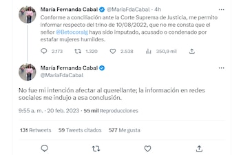 La senadora derechista tuvo que retractarse públicamente en Twitter.
Twitter (@MariaFdaCabal)