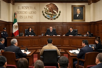 Tres jueces presiden una audiencia en un tribunal mexicano. Se observan paneles de madera, una bandera de México, el escudo nacional y un retrato en la pared del fondo.