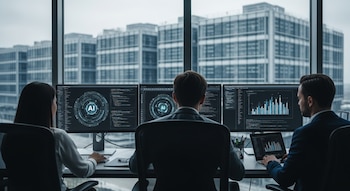 Tres personas trabajan en una oficina frente a monitores que muestran gráficos de inteligencia artificial y código, con edificios modernos visibles por el ventanal.