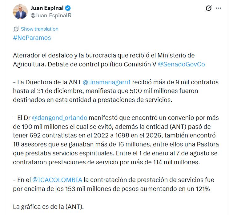 El senador Juan Espinal, del Centro Democrático, intervino en el debate de control político sobre el sector agropecuario y recogió varios de los datos expuestos por el ministro de Agricultura, Indalecio Dangond, y otros funcionarios - crédito @Juan_EspinalR/X