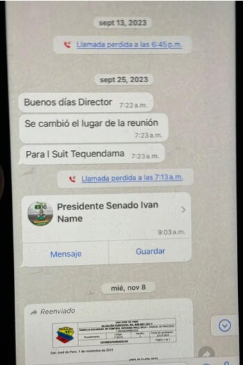A través de WhatsApp la entonces consejera para las Regiones, Sandra Ortíz, se comunicó con Olmedo López, director de la Ungrd - crédito Redes sociales
