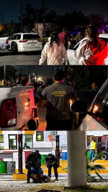 Tres paneles. Arriba: cinta policial amarilla, dos coches blancos de noche y personas. Centro: oficial de la Fiscalía de Guanajuato y coches de noche. Abajo: dos agentes detienen a dos personas en el suelo