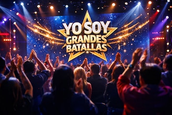 Multitud de personas aplaudiendo en un estudio de televisión, vistas de espaldas o desenfocadas, con un logo brillante de 'Yo Soy Grandes Batallas' en una pantalla LED azul oscuro al fondo.