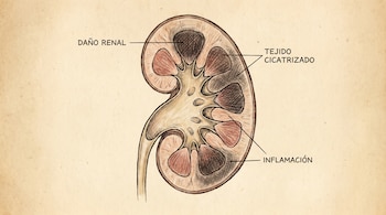 Dibujo de un corte transversal de riñón con áreas oscuras marcadas como "daño renal", "tejido cicatrizado" e "inflamación" sobre un fondo beige.