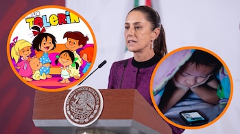 Claudia Sheinbaum en un podio, con un círculo mostrando La Familia Telerín y otro con un menor usando un teléfono móvil en la cama.