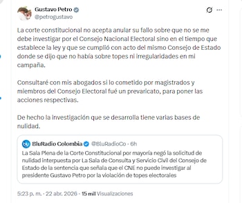 El presidente reaccionó a la decisión de la Corte Constitucional de ratificar la competencia de la Comisión de Investigación y Acusación de la Cámara de Representantes de investigarlo por violación de topes de financiación en su campaña - crédito @petrogustavo/X