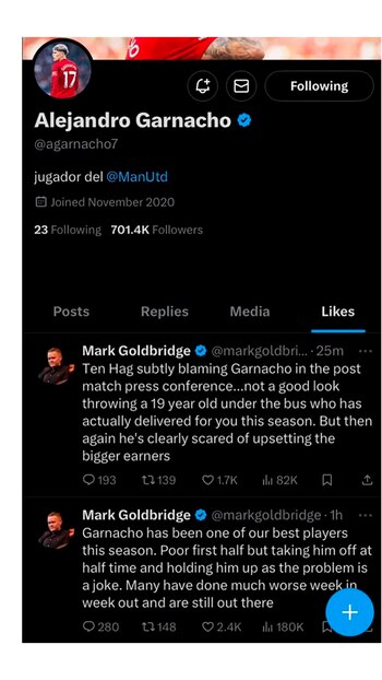 La publicación a la que Alejandro Garnacho le dio me gusta y generó el enojo de Erik Ten Hag