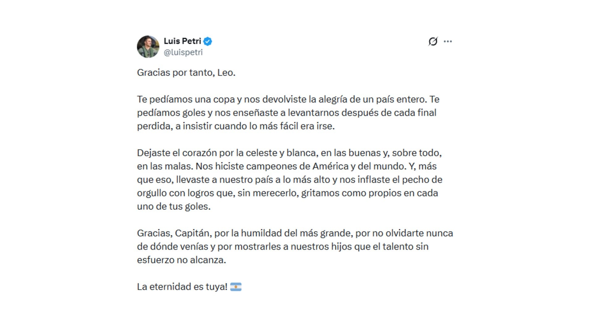 Las palabras de Petri al ídolo