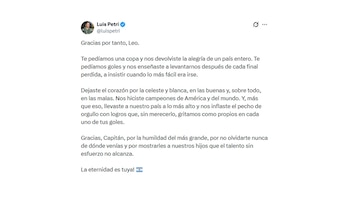 Captura de pantalla de una publicación en X de Luis Petri con un texto de agradecimiento dedicado a Lionel Messi
