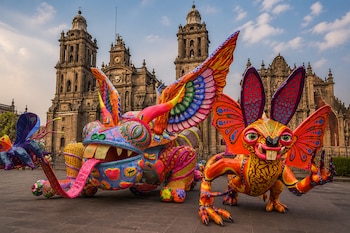 Dos esculturas coloridas de criaturas fantásticas sobre una plaza pavimentada con una catedral barroca de fondo.