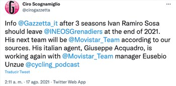 Información de ‘La Gazzeta dello Sport’ sobre un posible traspaso de Iván Ramiro Sosa al Movistar Team. Pantallazo